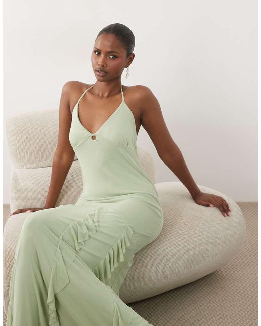 ASOS Green Mesh Frill Maxi Dress With Halter Straps