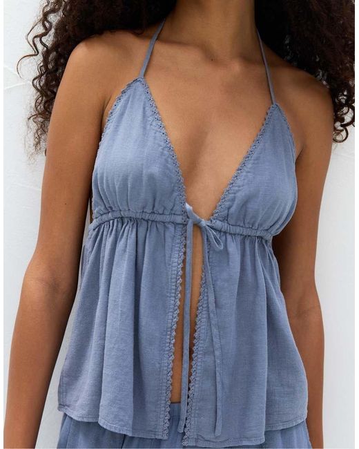 Pull&Bear Blue Linen Blend Top With Tie