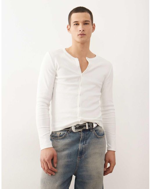 Collusion White Slim Button Through Henley for men