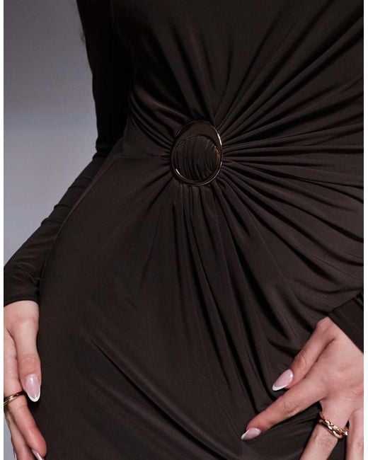 ASOS Brown Modest Long Sleeve High Neck Drape Maxi Dress With Hardware Trim