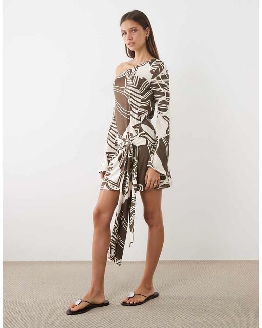 ASOS Natural Long Sleeve Off Shoulder With Tie Detail Mini Dress