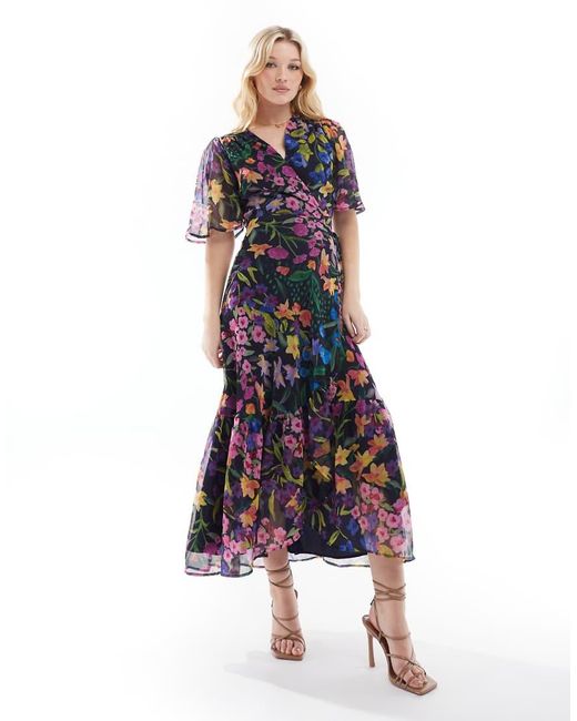 Hope & Ivy Blue Flutter Sleeve Maxi Wrap Dress With Tie Waist