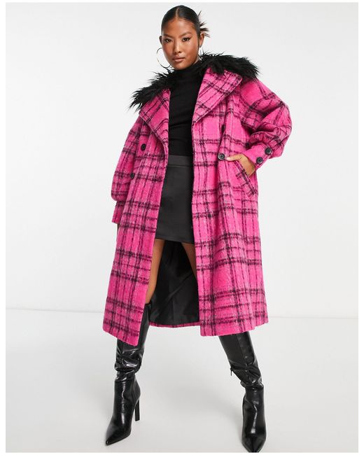 Miss Selfridge Pink Petite – karierter, langer mantel