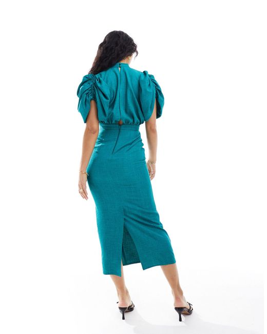 Robe mi-longue à col montant et manches bouffantes avec jupe moulante - jade ASOS en coloris Blue