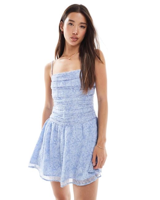 Hollister Square Neck Drop Waist Chiffon Mini Dress in Blue | Lyst
