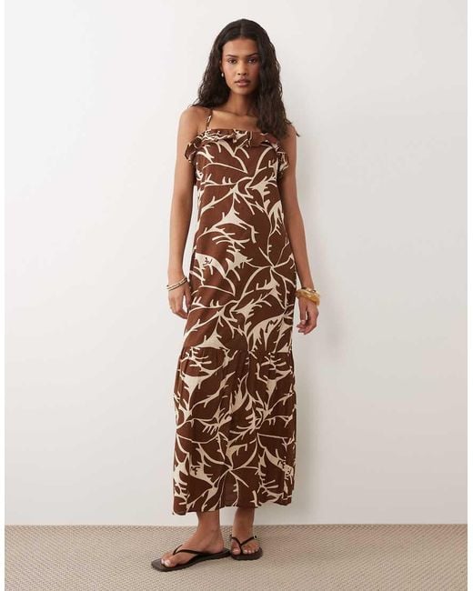 New Look Brown Leaf Print Strappy Midi Dress