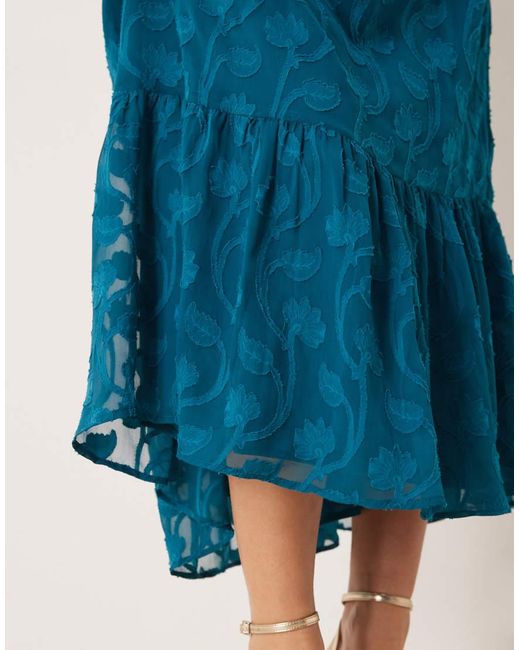Lovedrobe Blue Floral Burnout Square Neck Shirred Midaxi Dress