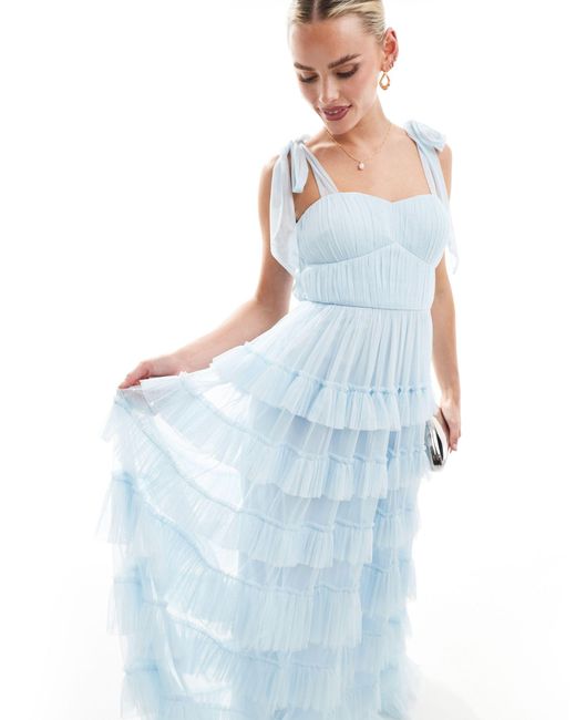 LACE & BEADS Blue Tiered Ruffle Midaxi Dress