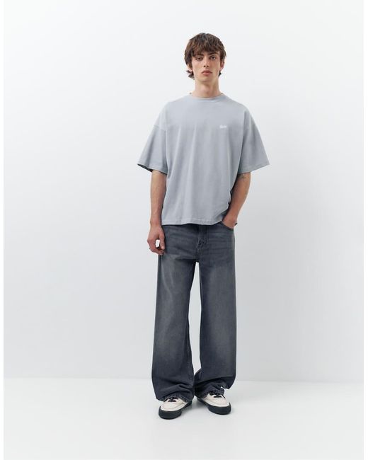T-Shirt Squadrata Oversize Grigia Con Logo Stwd di Pull&Bear in White da Uomo