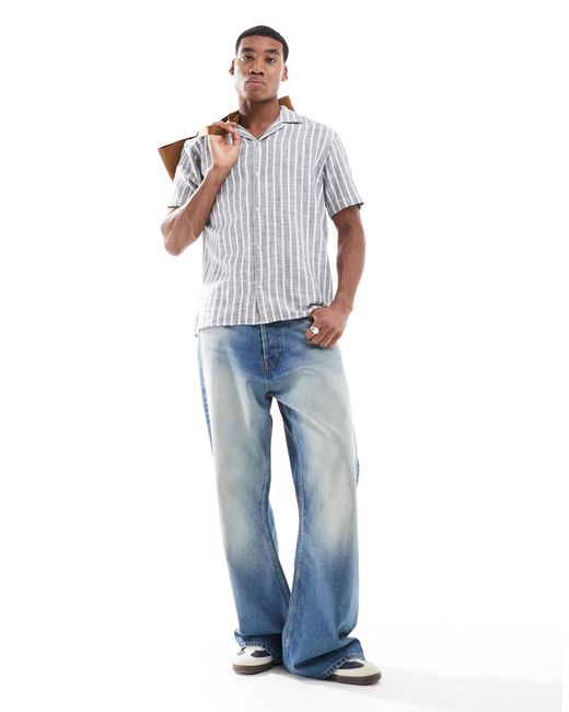 Chemise manches courtes texturée à col à revers avec rayures JJ Rebel pour homme en coloris White