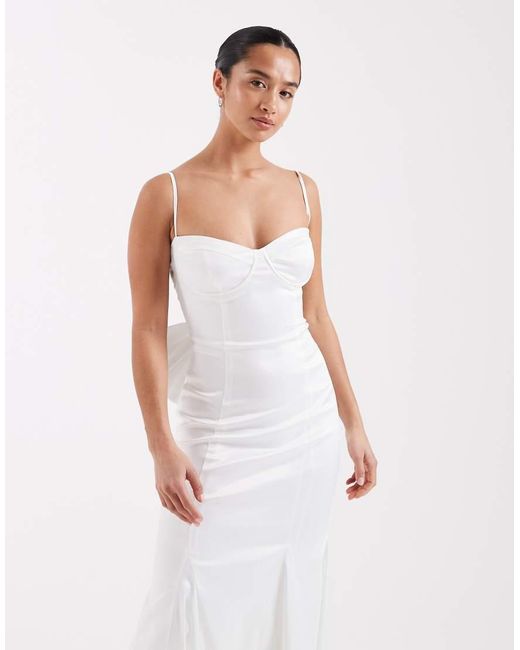 TFNC London White Bridal Sweetheart Neck Satin Maxi Dress With Chiffon Hem And Bow Back