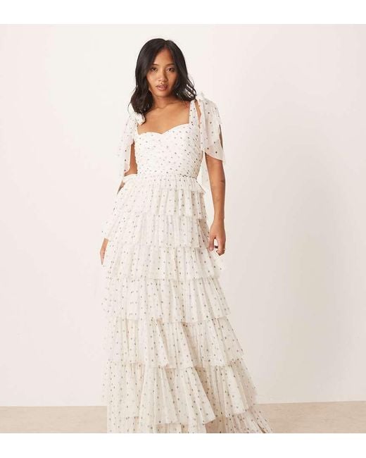 LACE & BEADS Natural Bow Shoulder Tiered Tulle Maxi Dress