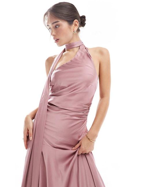 TFNC London Pink Bridesmaids Satin Asymmetric Maxi Dress With Scarf Neck
