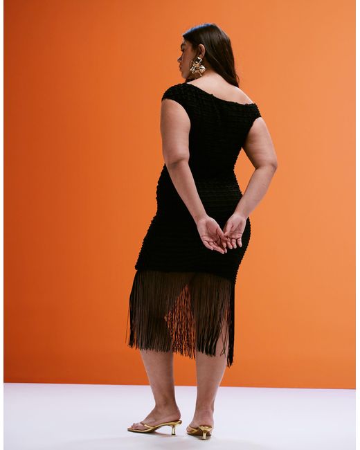 ASOS Orange Asos Design Curve Textured Asymmetric Neckline Midi Dress With Fringed Hem