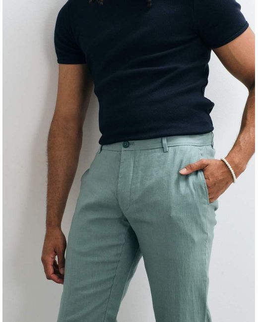 Mango Blue Straight Leg 100% Linen Trousers for men