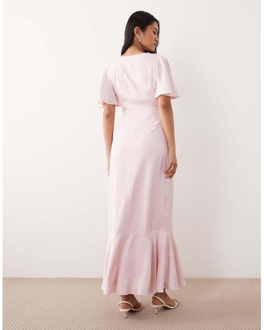 LACE & BEADS Pink Satin Jacquard V Neck Ruffle Hem Maxi Dress