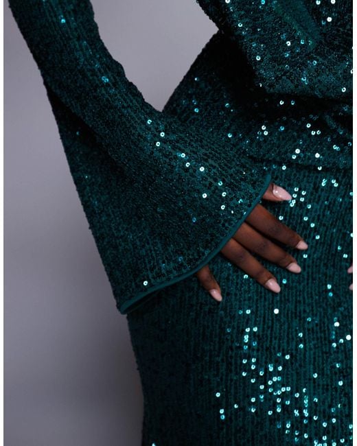 ASOS Blue All Over Sequin Long Sleeve Wrap Front Detail Maxi Dress