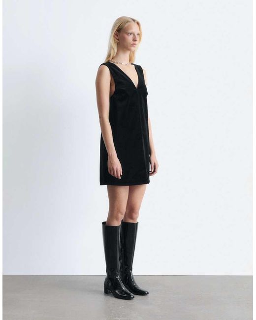 & Other Stories Black Stretch Velvet V-neck Mini Dress With Front Seam