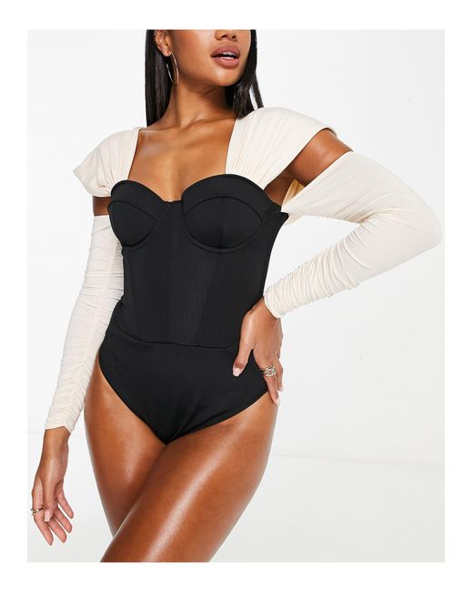 ASOS Corset Fitted Swimsuit With Long Sleeve in Black Lyst