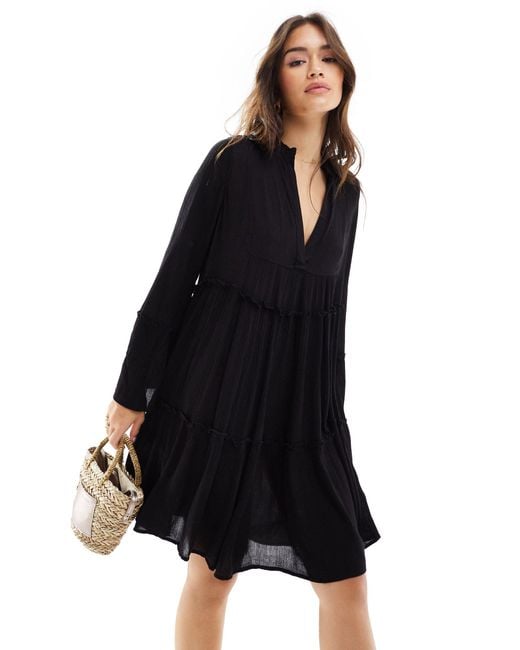 South Beach Black Crinkle Viscose Pull Over Tiered Beach Dress