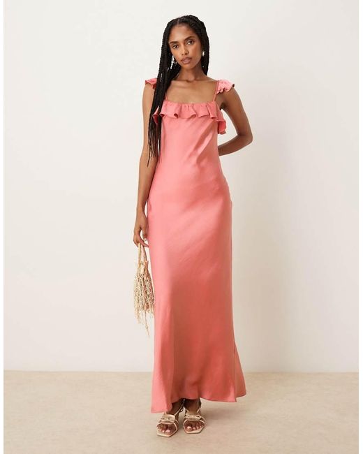 ASOS Pink Frill Cami Satin Maxi Dress