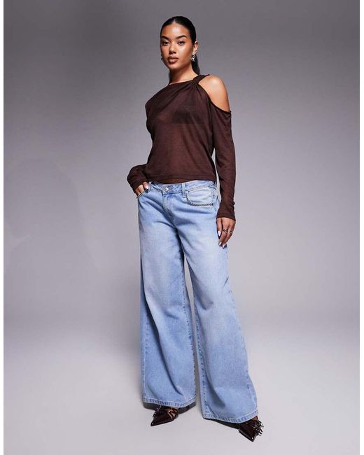 ASOS Purple Knit-look Semi Sheer Long Sleeve Top With Drape Cold Shoulder