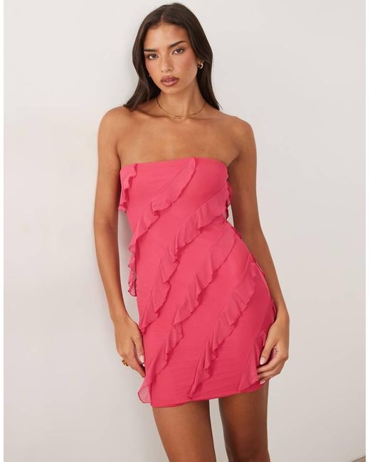Oh Polly Red Bandeau Asymmetric Frill Trim Mini Dress