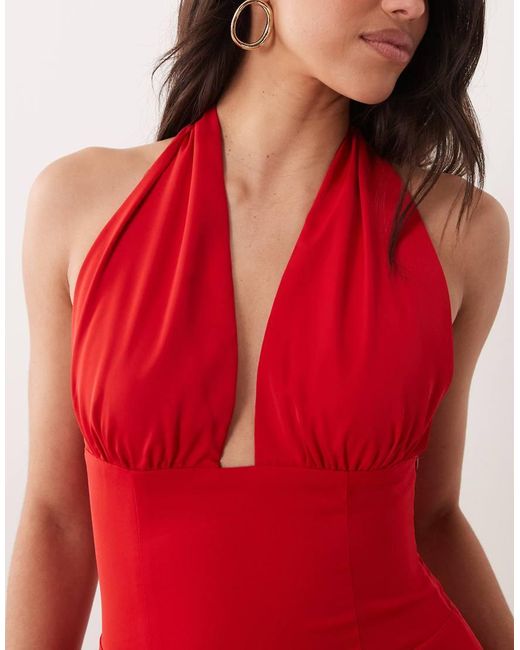 Kaiia Red Exclusive Halterneck Plunge Godet Hem Mini Dress