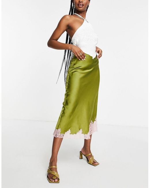 ASOS Satin Midi Skirt With Contrast Lace Trim in Green | Lyst UK