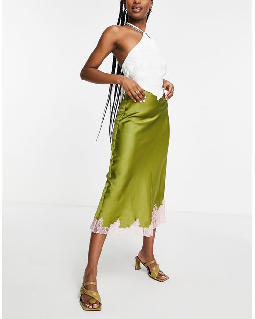 Jupe mi-longue en satin avec bords en dentelle contrastante - olive ASOS en  coloris Vert | Lyst