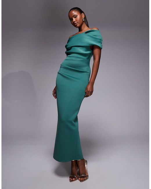 ASOS Blue Ruched Off The Shoulder Midi Dress