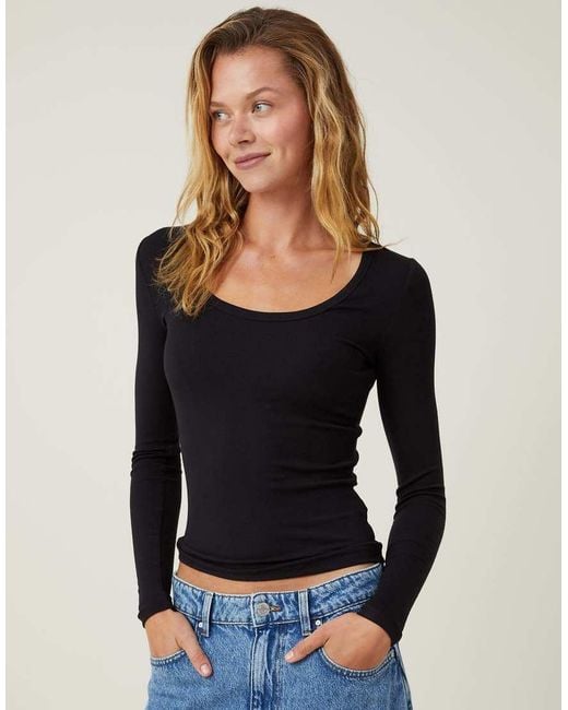 Cotton On Black Staple Rib Scoop Neck Long Sleeve Top