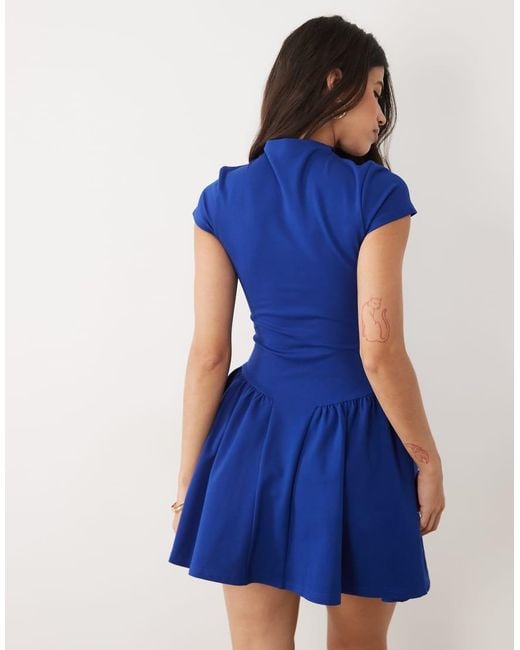 Kaiia Blue Exclusive High Neck Short Sleeve Fit And Flare Ponte Mini Dress