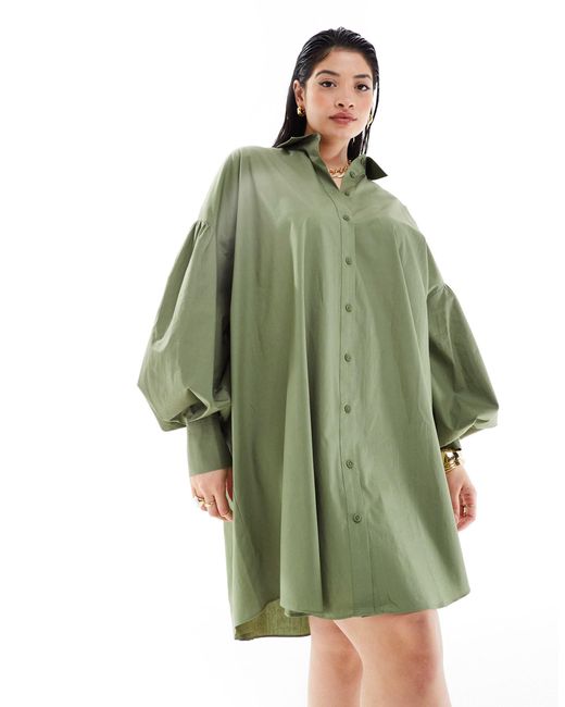 ASOS Green Asos Design Curve Ultimate Boyfriend Mini Shirt Dress With Volume Sleeve
