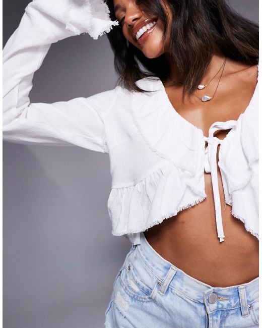 Aria Cove Gray Linen Look Ruffle Tie Front Bell Sleeve Top