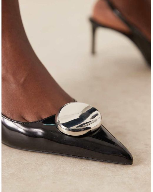 Mango Blue Pointed Toe Slingback Heels With Statement Hardware