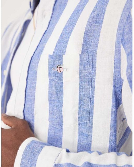 Camisa A Rayas Con Logo De Escudo De Algodón Y Lino De Gant de hombre de color Blue