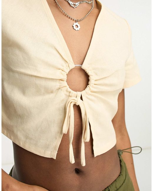 Daisy Street White Tie Front Linen Cami Crop Top-neutral