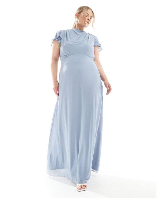 Tfnc Plus Blue Bridesmaid Flutter Sleeve Cowl Back Chiffon Maxi Dress
