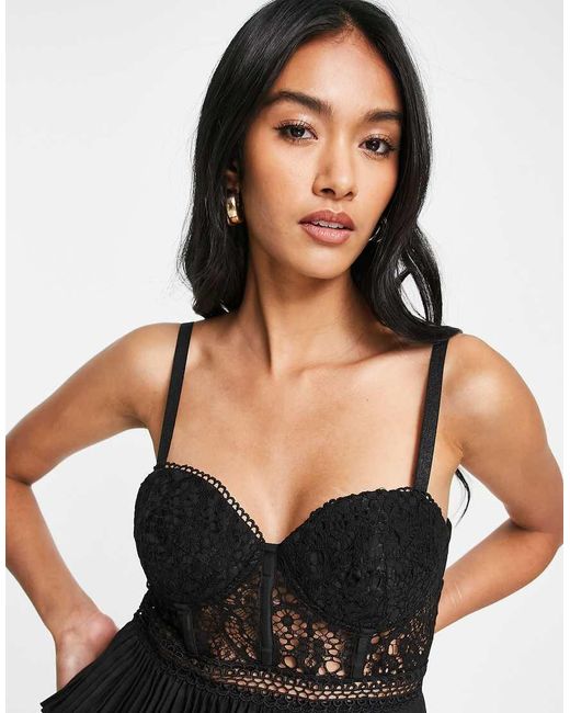 ASOS Black Lace Corset Mini Dress With Tiered Pleated Skirt