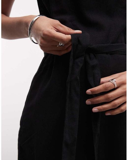 Monki Black Linen Sleeveless Wide Leg Jumpsuit With Tie Belt Detail