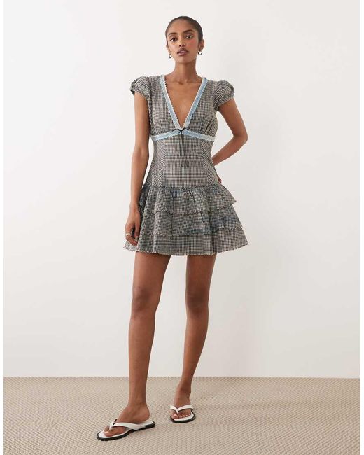 ASOS Gray V Neck Mini Tea Dress With Puff Sleeve