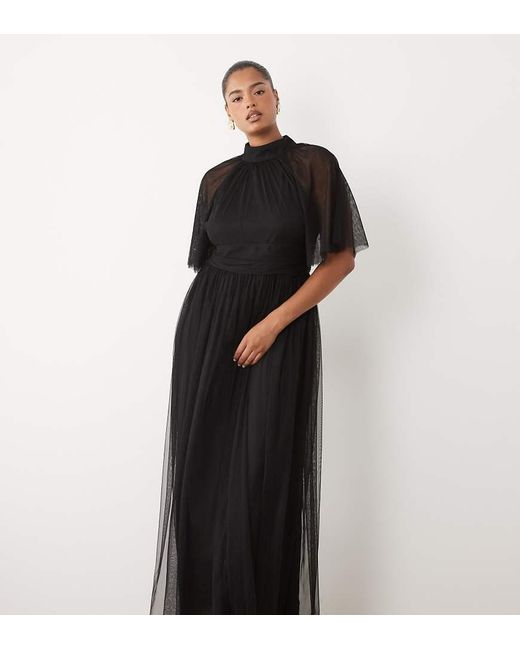 Lace & Beads Plus Black Tulle High Neck Flutter Sleeve Maxi Dress