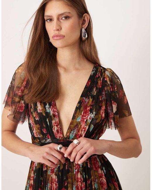 LACE & BEADS Brown Tulle Flutter Sleeve Deep V Maxi Dress