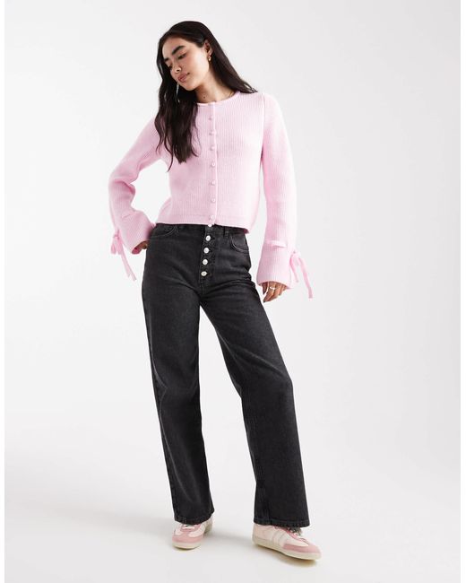 Pieces Pink Knitted Cardigan With Pearl Buttons And Bow Tie Cuffs