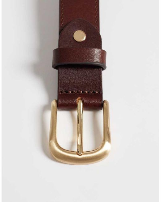 ASOS Brown Smart Leather Single Stud Belt With Rounded Edge Gold Buckle for men