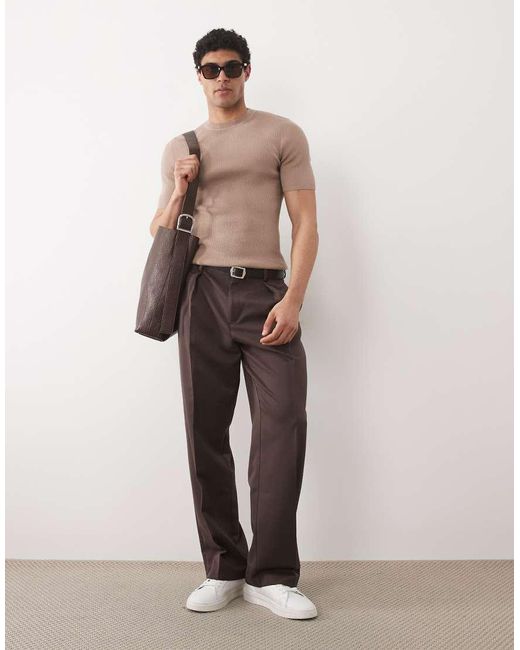 ASOS Brown Essential Muscle-Fit Fine-Rib Knit Crew-Neck for men