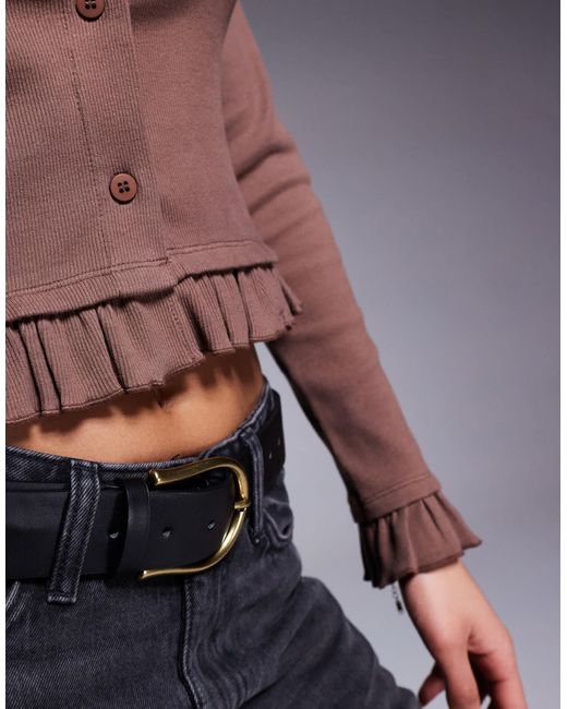 ASOS Brown Button Through Mini Rib Top With Mini Frill Detail