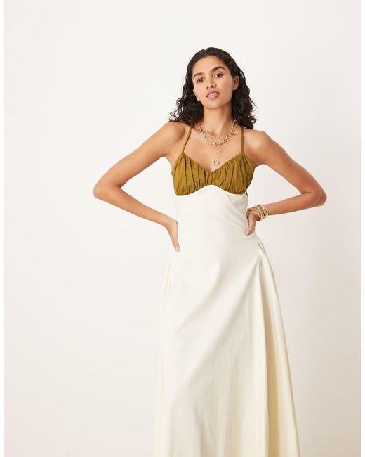 ASOS Natural Poplin Ruched Bust Maxi Dress With Corsetry Seaming Detail