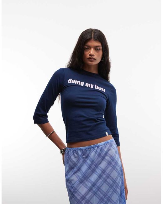 Collusion Blue Doing My Best Slogan 3/4 Sleeve Fitted Top